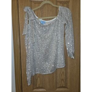CeCe Silver Sequin One Shoulder Blouse Metallic Cold Shoulder Party Top Medium